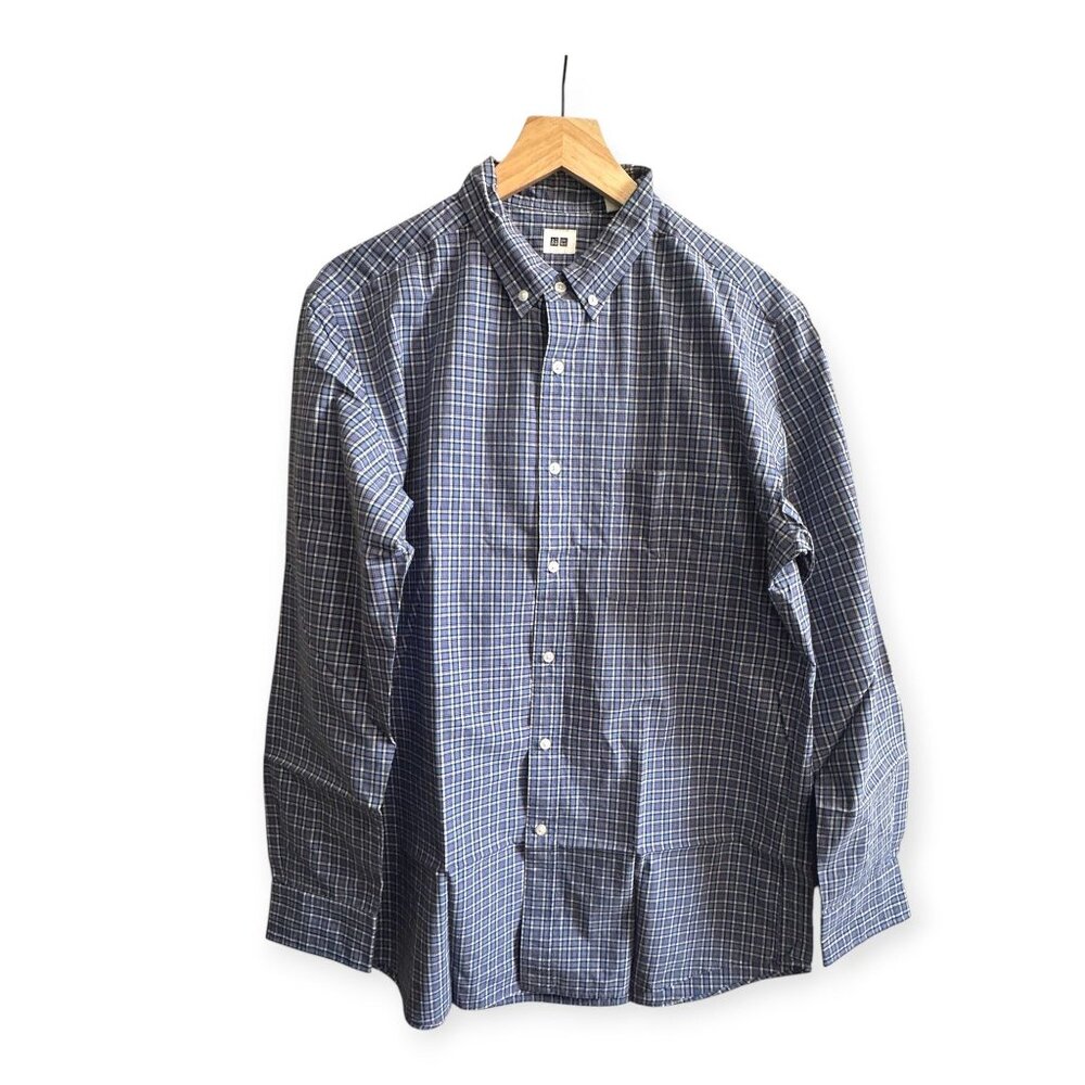 Uniqlo Men’s Button Down Shirt L Blue Check Long Sleeve Cotton